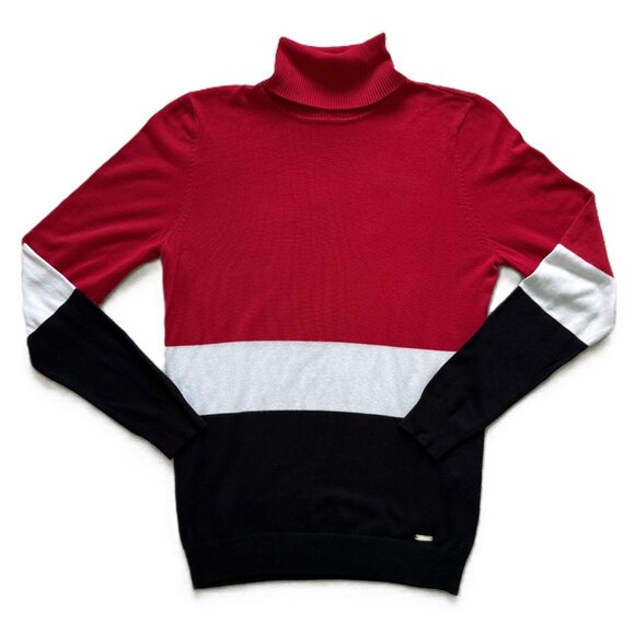 CALVIN KLEIN | Red, Black & Ivory Turtleneck Sweater - Picture 1 of 5